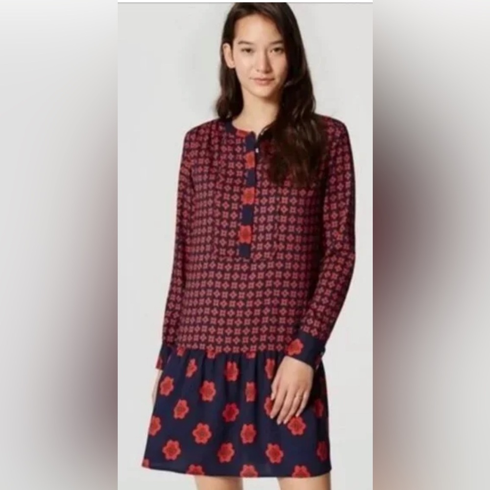 LOFT Floral Long Sleeve Dress in Red and Blue